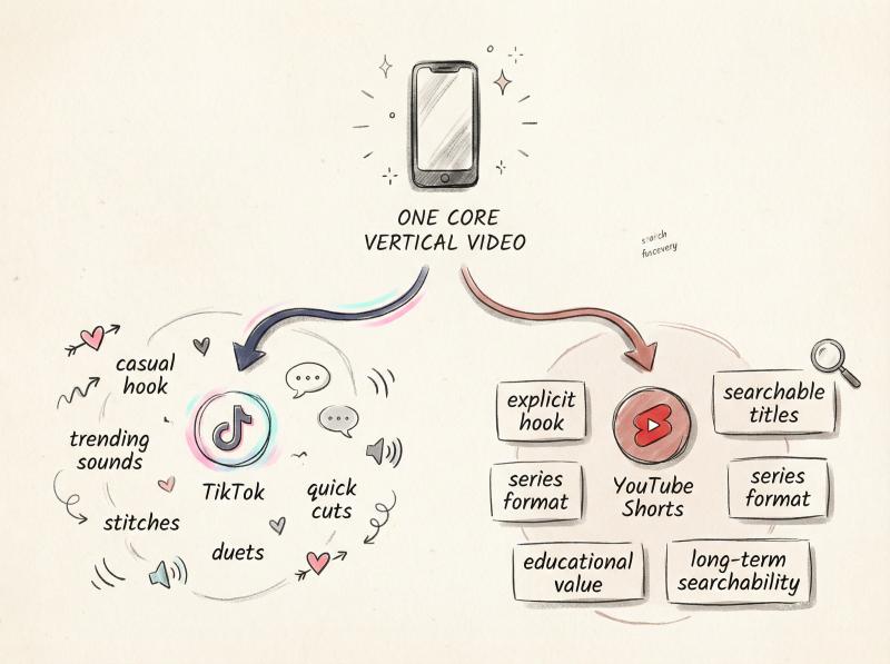 Hand-drawn illustration of content workflow splitting into TikTok and YouTube Shorts packaging paths