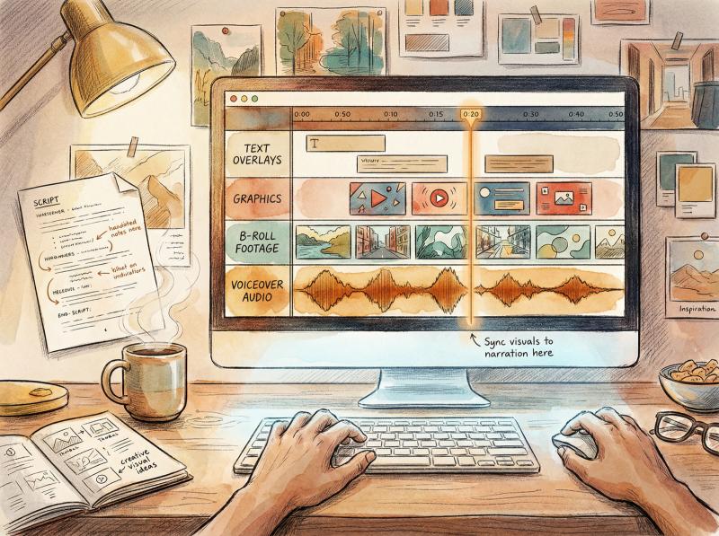 Hand-drawn editorial illustration of video editing workspace with timeline and layered clips