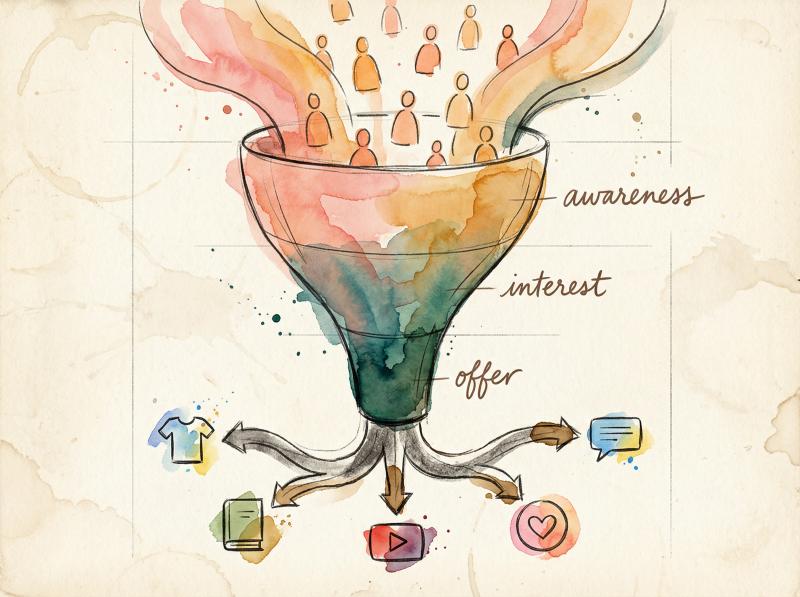 Hand-drawn watercolor illustration of an income funnel showing TikTok views converting to subscribers and sales through various monetization paths