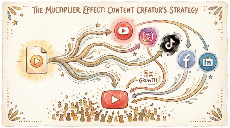 Hand-drawn illustration showing content flowing from one upload to multiple platforms funneling subscribers back to YouTube