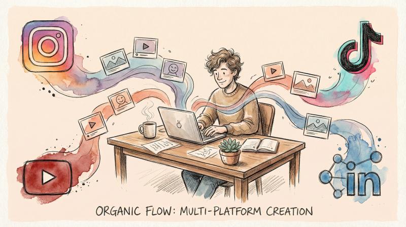Hand-drawn illustration of content flowing from creator's desk to multiple social platforms