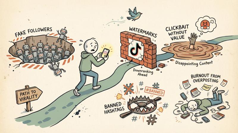 Hand-drawn illustration showing person navigating Instagram mistakes as obstacles and traps