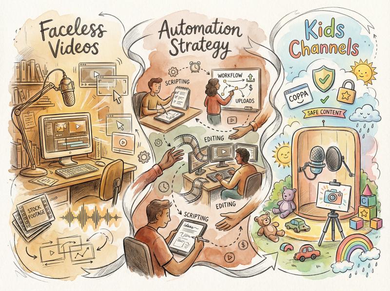 Hand-drawn illustration showing three creative YouTube content paths: faceless video creation, automation workflow, and kids channel