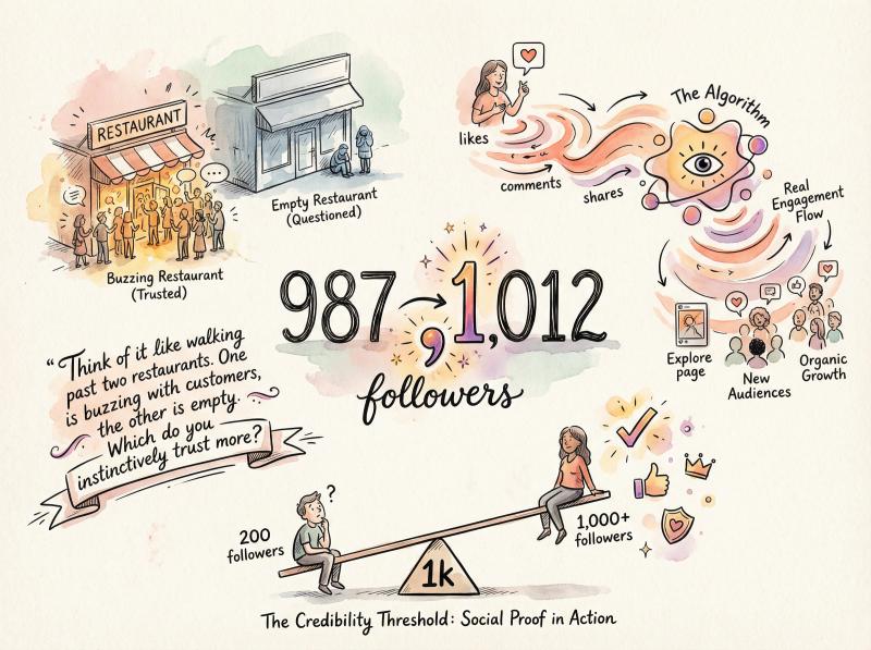 Hand-drawn illustration of Instagram follower count reaching 1k milestone with social proof metaphors and credibility symbols