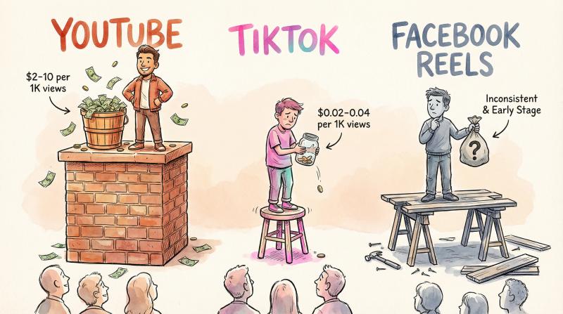 Hand-drawn illustration comparing creator earnings across YouTube, TikTok, and Facebook Reels platforms