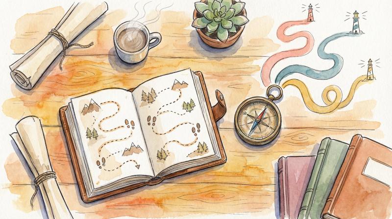 Hand-drawn watercolor illustration of a creator's exploration desk with open guidebooks, compass, and paths leading to knowledge