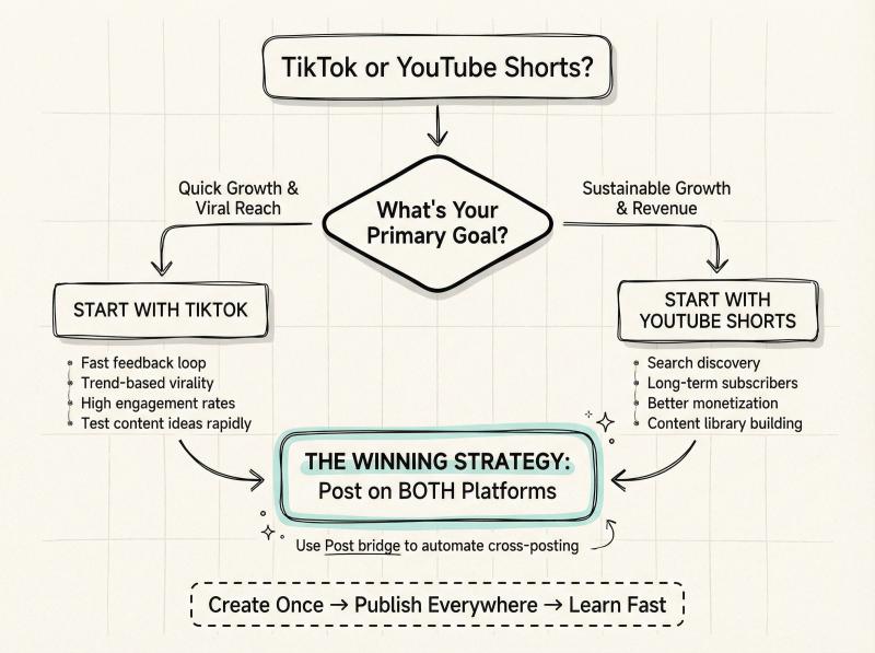 Hand-drawn decision flowchart showing TikTok vs YouTube Shorts strategy for creators