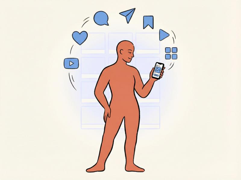 Hand-drawn creator confidently holding phone, ready to post with Instagram icons floating upward