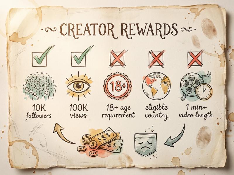 Hand-drawn checklist illustration showing TikTok Creator Rewards eligibility requirements with checkmarks and X marks on aged paper