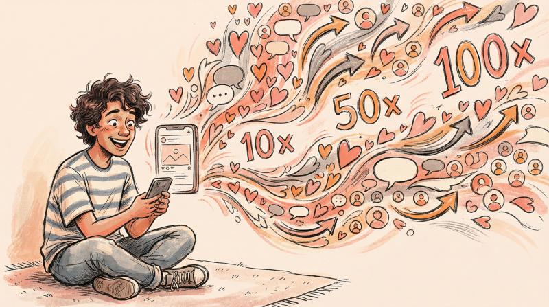 Hand-drawn illustration of creator's Instagram post exploding into waves of engagement and reaching massive audiences