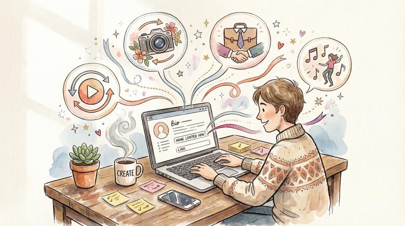 Hand-drawn illustration of a person at a cozy workspace completing their social media profile across multiple connected platforms