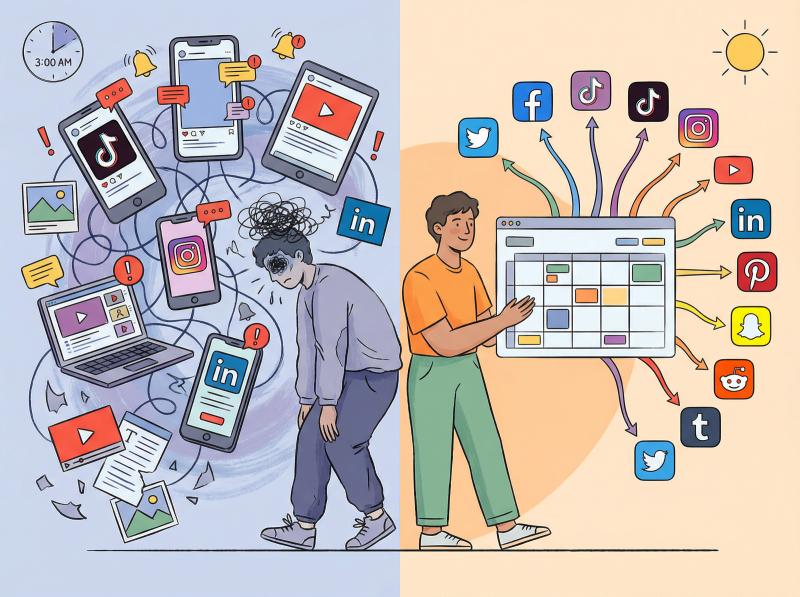 Editorial illustration showing creator's transformation from social media chaos to streamlined scheduling workflow