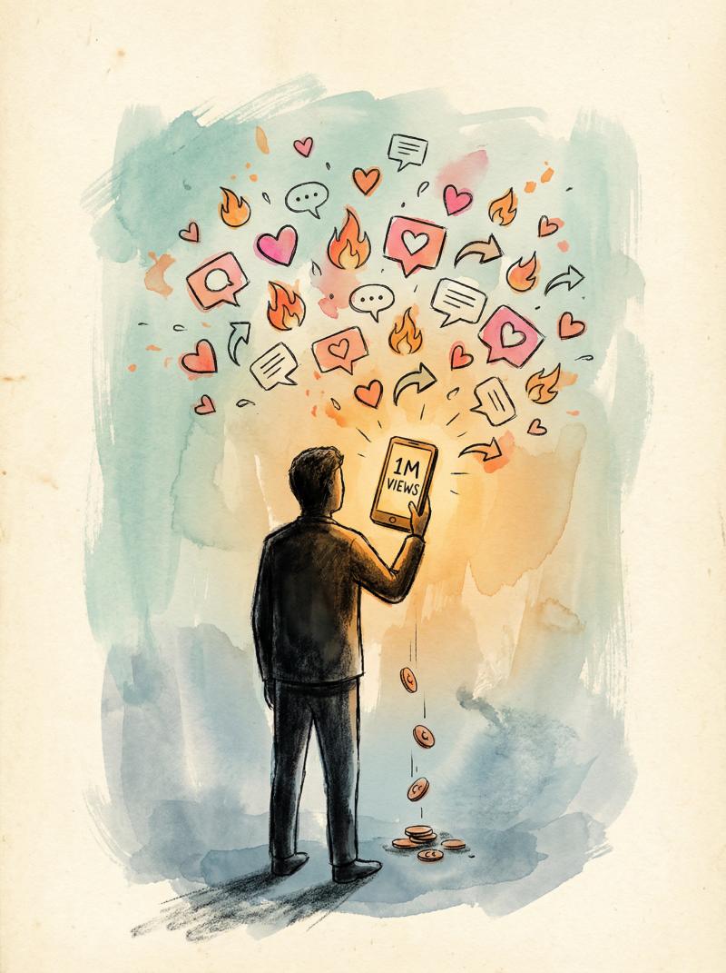 Hand-drawn editorial illustration of a creator silhouette bathed in phone glow with viral notifications swirling overhead while only a few coins trickle down