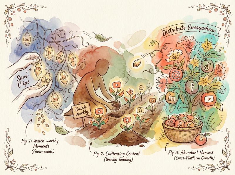 Hand-drawn illustration of a content creator's garden showing weekly clipping workflow as growing plants