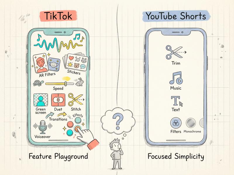 Hand-drawn split-screen comparing TikTok's feature-rich editing suite with YouTube Shorts' minimalist toolkit