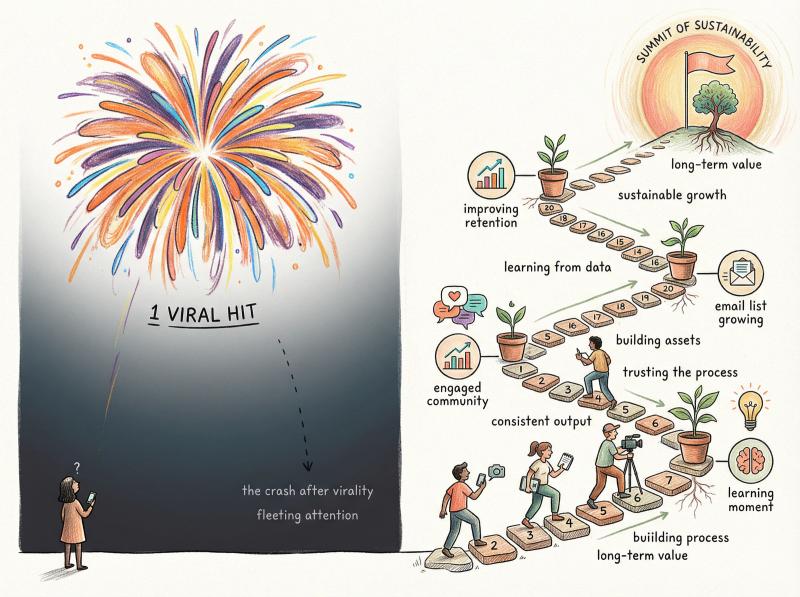 Hand-drawn illustration contrasting one viral firework with steady stream of experiments and growth trajectory