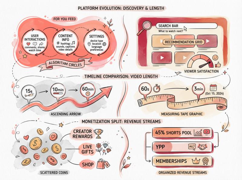 Hand-drawn comparison of TikTok vs YouTube Shorts showing discovery, length limits, and monetization splits
