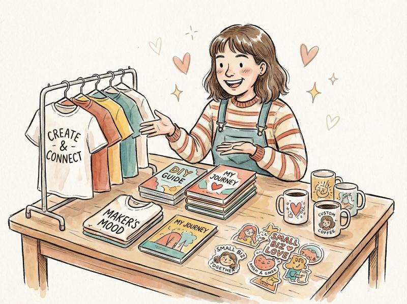 Hand-drawn illustration of a content creator surrounded by merchandise products including t-shirts and books