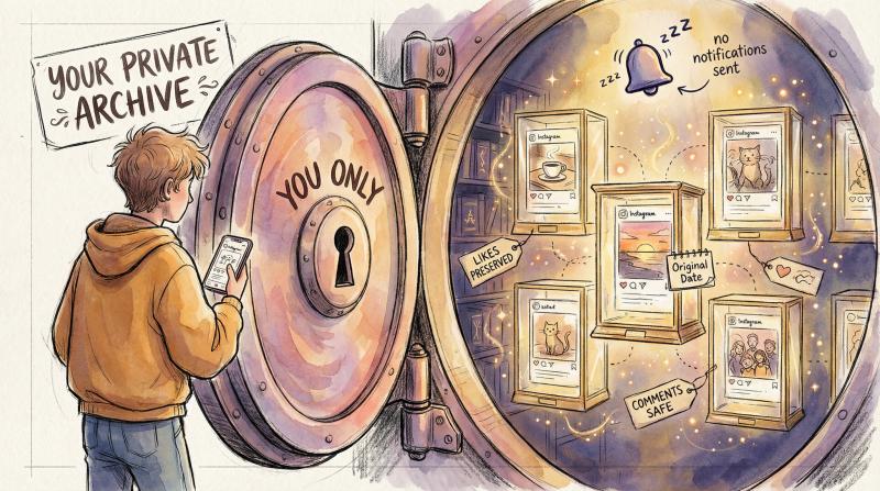 Hand-drawn illustration of person discovering their private Instagram Archive vault with preserved posts and engagement data