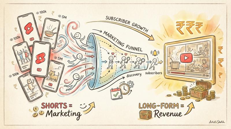Hand-drawn illustration showing YouTube Shorts as a marketing funnel leading viewers to long-form videos where real earnings happen
