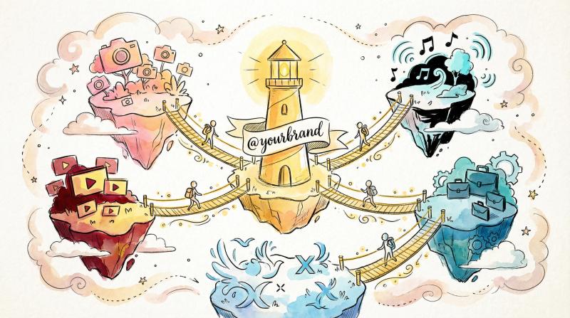 Hand-drawn illustration showing one unified username connecting across multiple social media platforms like bridges between islands