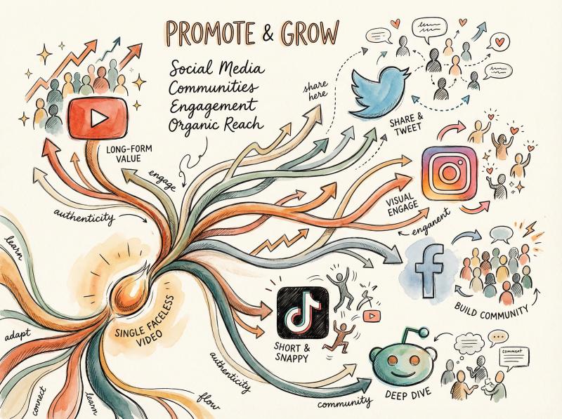 Hand-drawn illustration showing content spreading across social platforms with organic growth connections