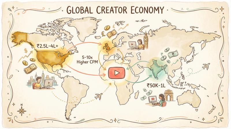 Hand-drawn world map showing YouTube ad rates by region with US UK earning 5-10x more than India