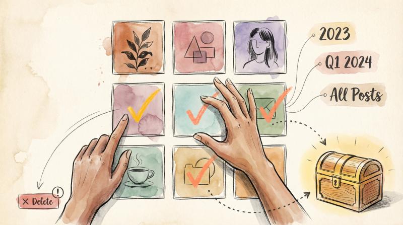 Hand-drawn illustration of hands selecting multiple Instagram posts from a floating grid with checkmarks and archive box