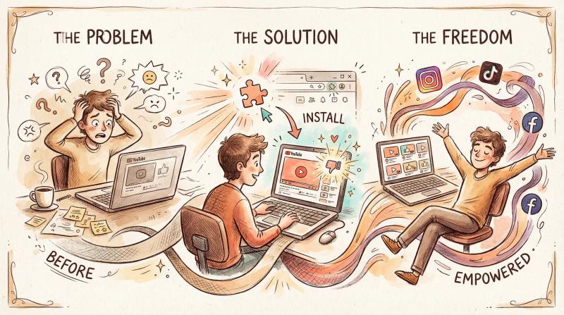 Hand-drawn artistic illustration showing a creator's journey from confusion to clarity with YouTube dislikes brought back