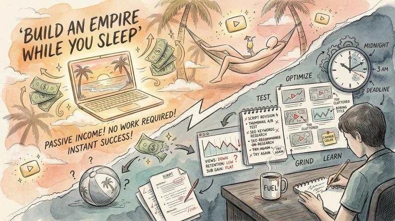 Split editorial illustration contrasting YouTube automation dreams with reality: passive income fantasy versus actual strategic work