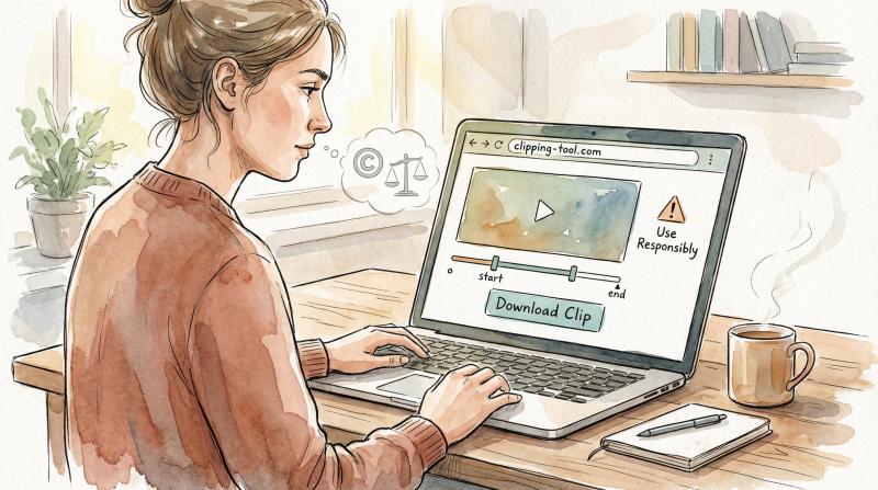 Hand-drawn illustration of person using browser-based video clipping tool with copyright awareness elements