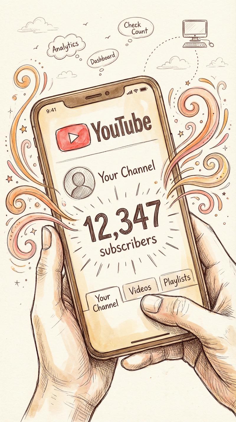 Hand-drawn illustration of creator checking YouTube subscribers on smartphone with artistic swirls and sketchy interface elements