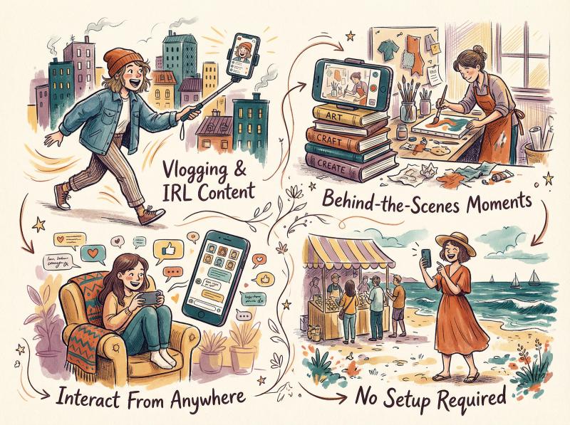 Hand-drawn artistic illustration showing four scenarios for mobile live streaming: vlogger walking outdoors, creator filming behind-the-scenes moment, person interacting with phone audience, and streamer in unexpected location