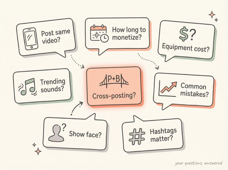 Hand-drawn illustration showing common creator questions about TikTok and YouTube Shorts