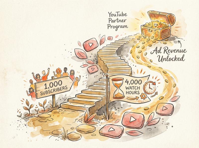 Hand-drawn illustration showing path to YouTube monetization with milestone markers and revenue flow