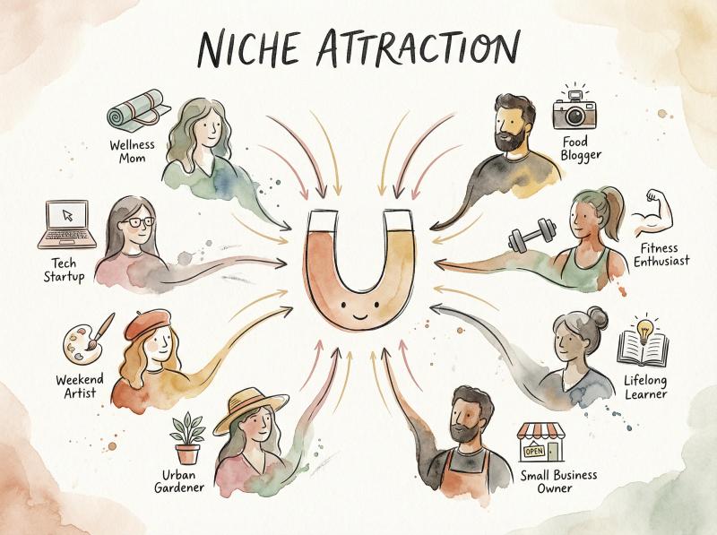 Watercolor illustration showing a content creator as a magnet attracting diverse niche-specific followers, each represented by unique hand-drawn icons and sketchy lines