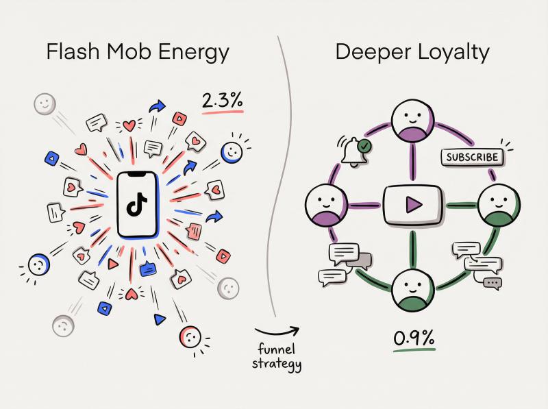 Hand-drawn split illustration comparing TikTok's energetic flash-mob engagement with YouTube's deeper subscriber loyalty