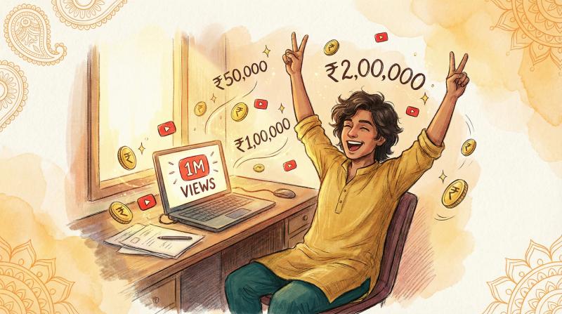 Joyful Indian YouTube creator celebrating 1 million views milestone with rupee symbols and play button confetti