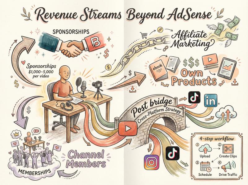 Hand-drawn illustration showing multiple YouTube revenue streams flowing from a creator to various income sources