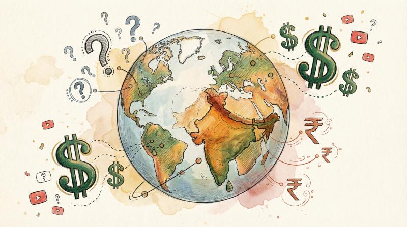 Hand-drawn illustration showing question marks floating around a globe with India highlighted and dollar signs at varying sizes