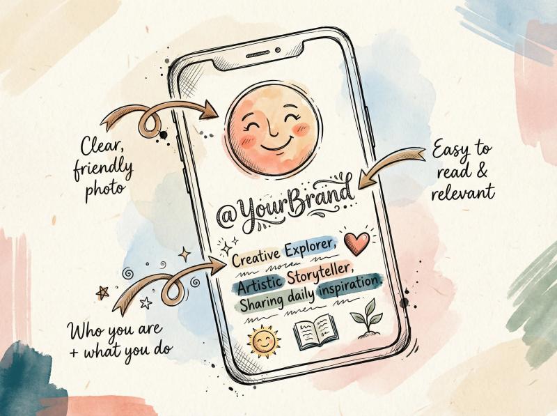 Hand-drawn illustration showing Instagram profile optimization with profile picture, username, and bio elements in artistic sketch style