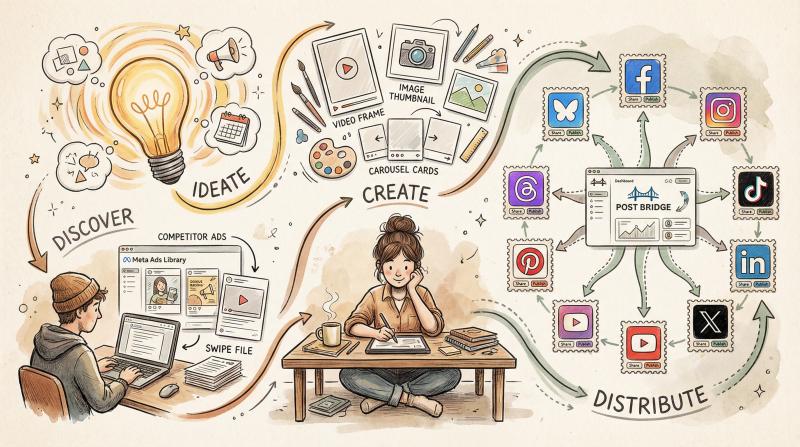 Illustrated workflow diagram showing the journey from Meta Ads Library research through ideation, content creation, and multi-platform distribution with Post bridge, featuring hand-drawn sketch-style art with flowing arrows connecting discovery to execution across social platforms