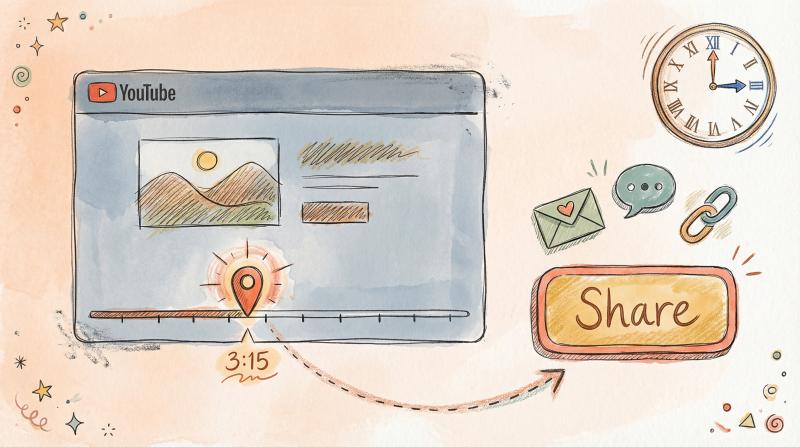 Hand-drawn illustration of YouTube timestamp sharing with clock and share button in warm sketch style