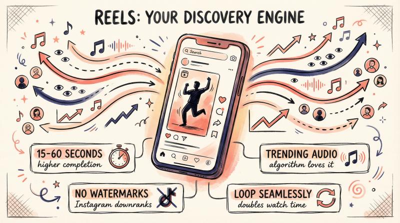 Hand-drawn editorial illustration of Instagram Reels as discovery engine with metrics and recommendations