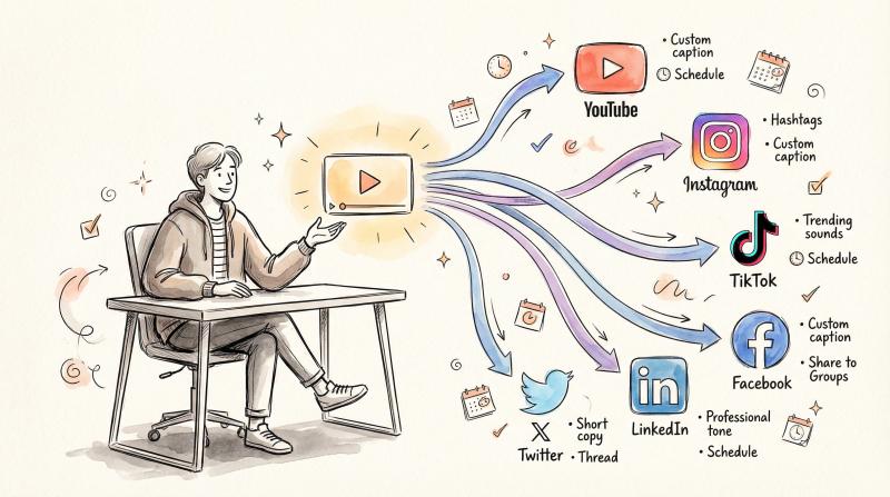 Hand-drawn illustration of content flowing from one video to multiple social platforms