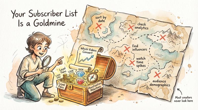 Hand-drawn illustration of a creator discovering hidden treasures in subscriber data, including collaboration gems and loyal fan gold coins