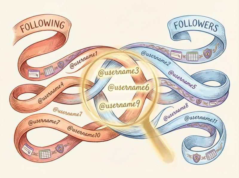 Hand-drawn editorial illustration showing two flowing organic lists being compared to find non-followers