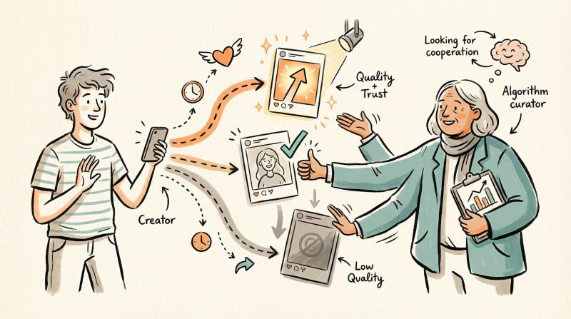 Hand-drawn illustration showing creator harmoniously working with Instagram's algorithm system