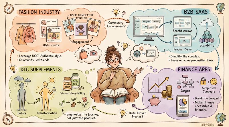 Hand-drawn illustration of marketer researching across different industries: fashion UGC boards, SaaS product demos, supplement transformations, and finance concepts are sketched together in an artistic collage style