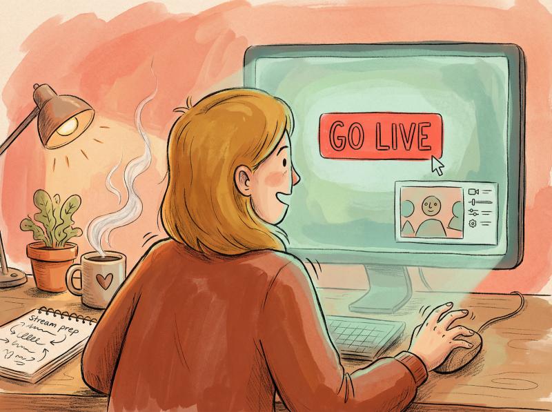 Hand-drawn illustration showing a creator's anticipation and excitement as they prepare to hit the Go Live button on YouTube